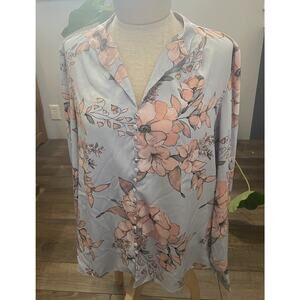 Calvin Klein Blouse Women's Baby Blue Pink Floral V-Neck Long Sleeve Career L